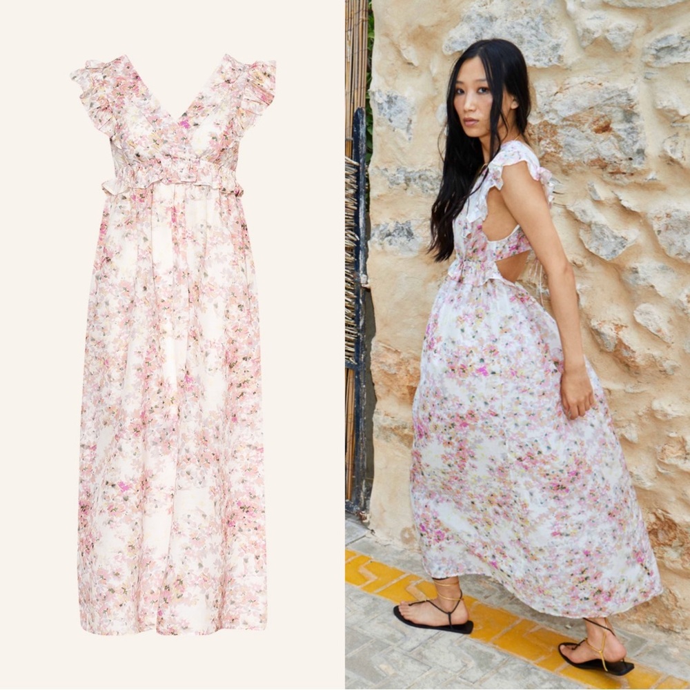 Munthe Hives Floral Open Back Silk Blend Maxi Dress Size 8 NWT Pink Multi